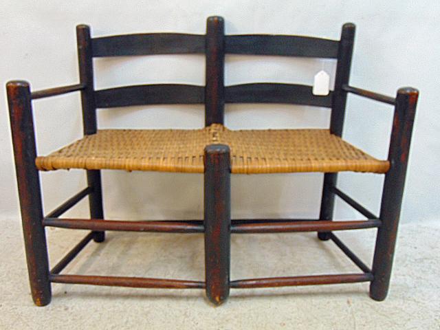 19th century wagon seat, ladder-back & woven seat, stretcher base, 35" wide, 15" deep, height is (1 of 4)