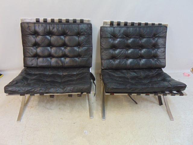 Pair Barcelona chairs, Mies van der Rohe design, black seat, back pillows, straps broken, chairs (1 of 6)