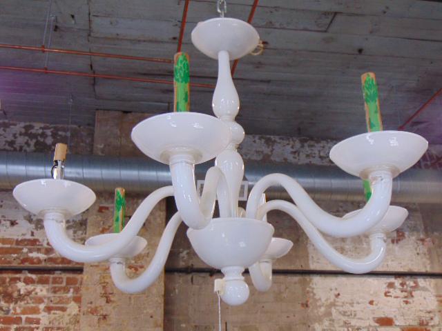 Murano opaque art glass chandelier, in white glass, 6 arms, chandelier is 32" in diameter, height is: Murano opaque art glass chandelier, in white glass, 6 arms, chandelier is 32" in diameter, height is 23", glass good, not tested electrically, candle sleeves missing.
