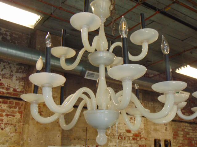 Murano opaque art glass chandelier, two tier, 8 & 4 arms, in opalescent white, has small chip on (1 of 7)