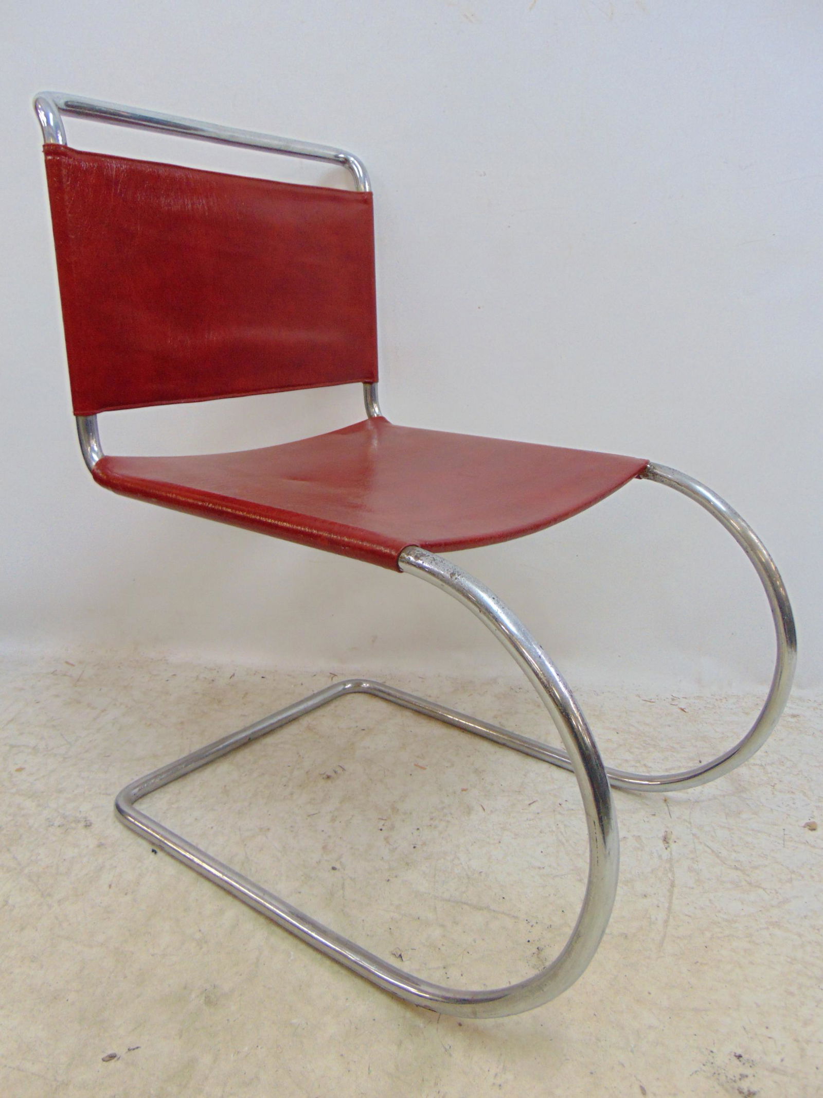 Early Mies van der Rohe chair, solid steel frame, red vinyl seat, back, chair is 19.5" wide, 25" (1 of 7)