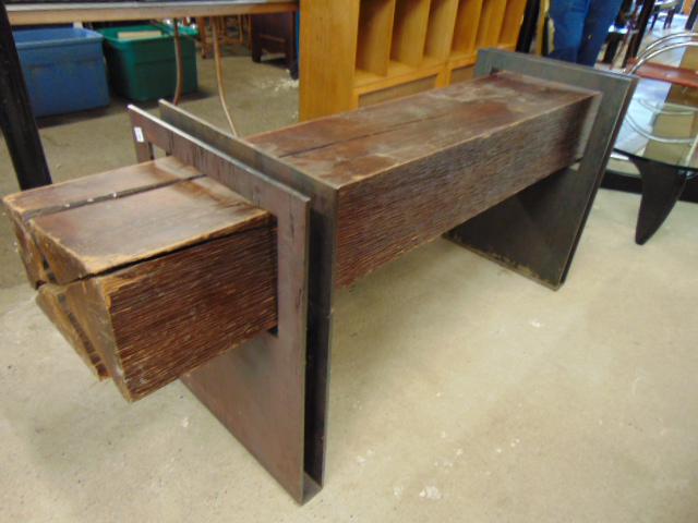 American craft steel & wood beam table base, bench, heavy steel frame with large wood beam inserted (1 of 5)