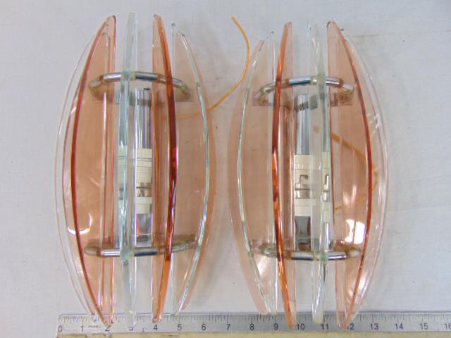 Pair chrome & glass wall sconces, with clear & pink glass strips, unsigned, each sconce is 11.5" (1 of 5)