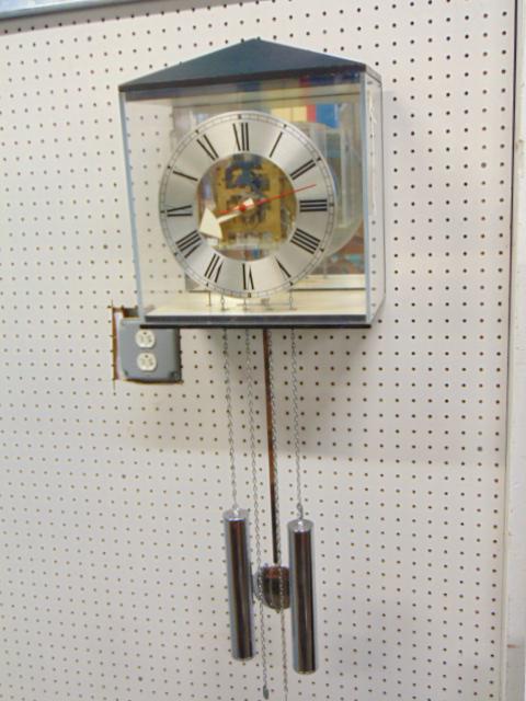 Howard Miller Lucite & chrome wall clock, with chrome weights, pendulum, Lucite case, case is 12.75" (1 of 4)