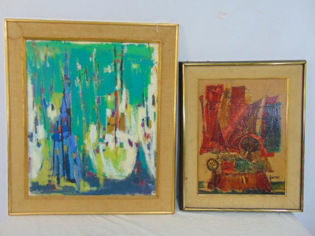 2 paintings, abstracts, Hebrew label, oil on canvas, writing on reverse (Ameriku ??), 25.5" by: 2 paintings, abstracts, Hebrew label, oil on canvas, writing on reverse (Ameriku ??), 25.5" by 21.25" & "Patch Sails", signed Freeman, oil on board, 20" by 15"