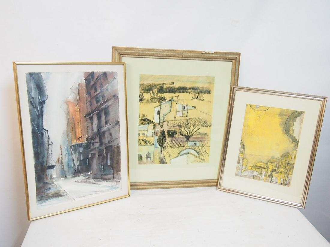 Art lot, Israeli, Yitzchak Greenfield & other, two watercolors (lithographs ?), one titled "Walls & (1 of 7)