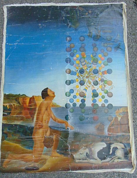 Painting, portrait Salvador Dali, by unknown artist, unframed, oil on canvas showing Dali with a dog (1 of 8)