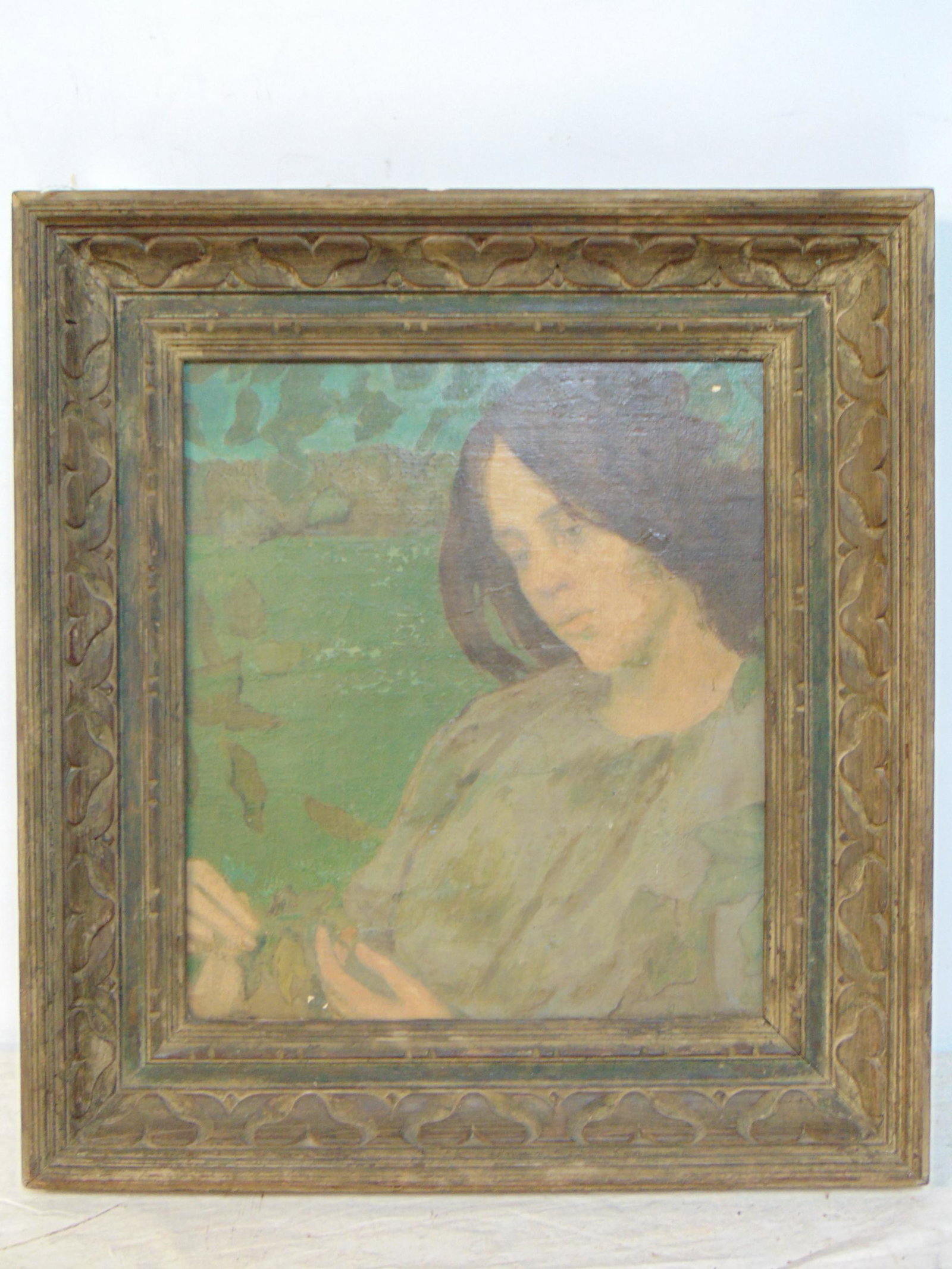 Painting, portrait girl, signed Bryson Burroughs, oil on wood panel: Painting, portrait girl, by Bryson Burroughs in carved wood frame with heart decoration, oil on wood panel, 16.75" by 15". Signature very faint, lower right corner