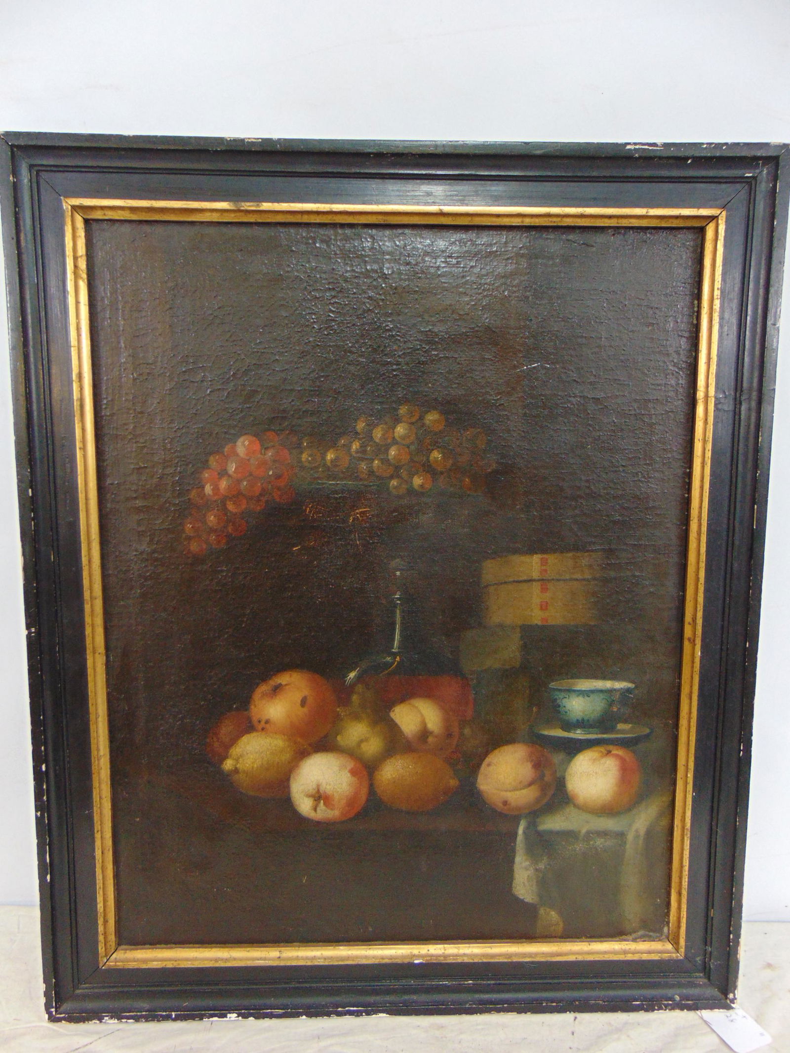 Painting, still-life fruit, cups, early oil on canvas, unsigned, painting is 26.5" by 21.25" (1 of 5)