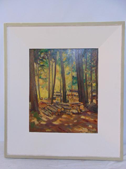 Painting, "Forest Camp", signed George Hausdorf, oil on Masonite, 24" by 20", in original painted (1 of 7)