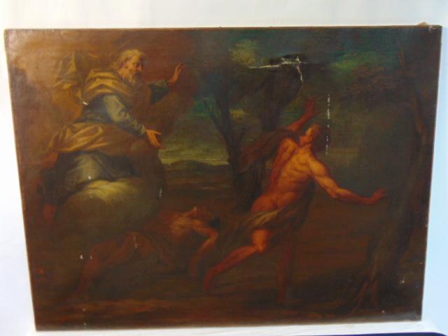 Painting, old master, Abraham & Isaac ??, oil on canvas, has condition issues, several holes, tears, (1 of 4)