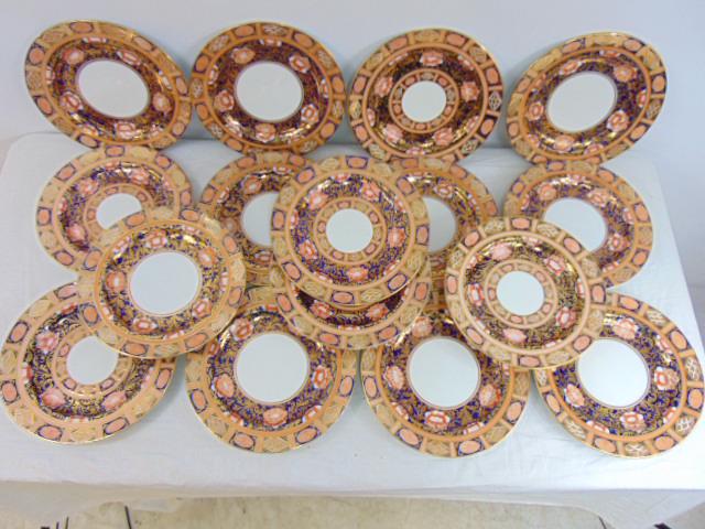 Set 16 plates, Ashworth Real Ironstone, decorated in gilt, cobalt & pink, includes 2 designs, 10 &: Set 16 plates, Ashworth Real Ironstone, decorated in gilt, cobalt & pink, includes 2 designs, 10 & 6, each plate is 10.25", generally in good condition, no chips, cracks, paint good, few minor scratch