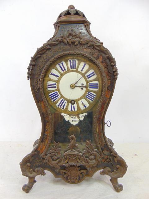18th Century Boulle mantel clock by Etienne Le Noir, Paris, with bronze decorations, bird, flowers, (1 of 11)