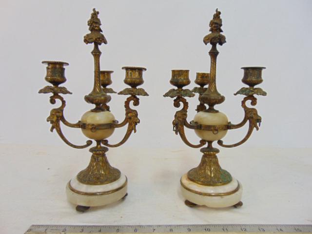 Pair brass & onyx candelabra, 3 arms, height is 13", decorated with rams heads, grapes, some small (1 of 5)