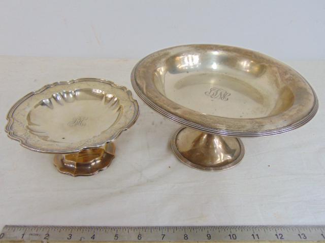2 sterling silver elevated trays, tazza, both monogrammed, 9.25" by 6.75" in diameter, weight 21.5 (1 of 4)