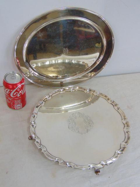 2 Tiffany sterling trays, Chippendale style footed tray with armorial shield in center (no monogram) (1 of 7)