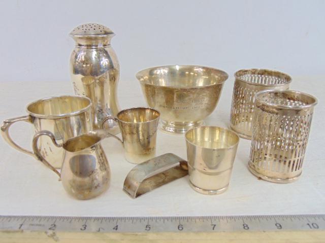 Sterling silver lot, sugar shaker, various reticulated cups holders (no inserts), small pitcher, cup (1 of 7)