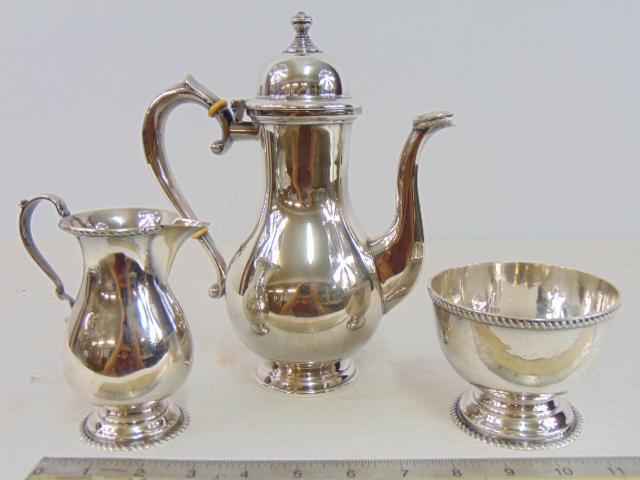 3 piece sterling tea set, George II style, teapot, sugar & creamer, made in England, sterling (1 of 5)