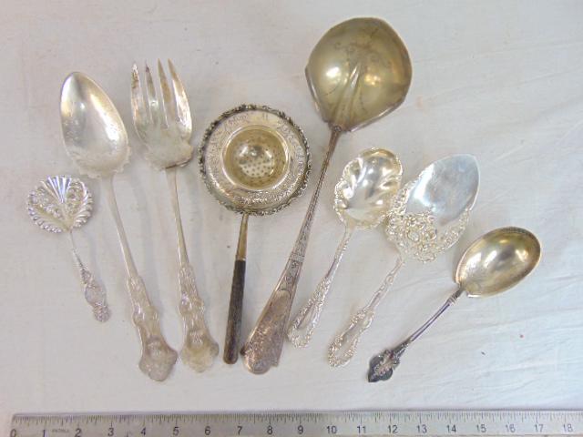 Lot fancy sterling silver serving pieces, serving spoon & fork, large ladle, strainer & more, 19.2 (1 of 4)