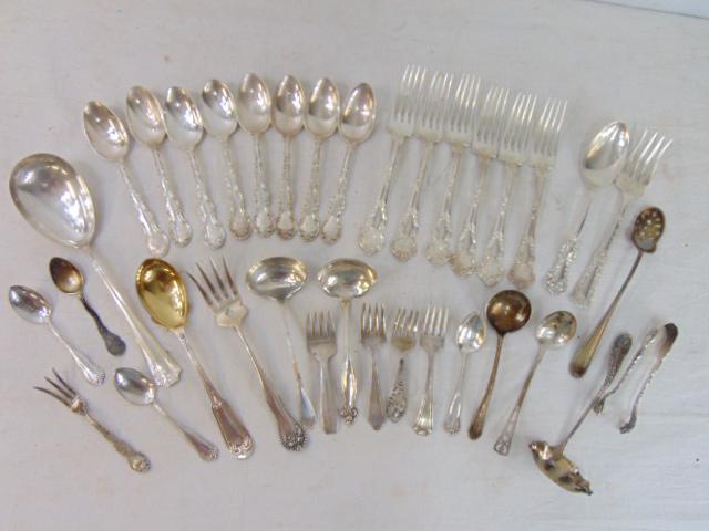 Lot misc sterling silver flatware, includes set 8 spoons, set of 6 forks, baby spoon, sugar tongs, (1 of 5)