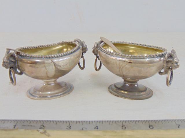Pair master salt bowls, 925 silver by Ball & Black, New York, with rams heads, 4.5" by 2.5", height (1 of 6)