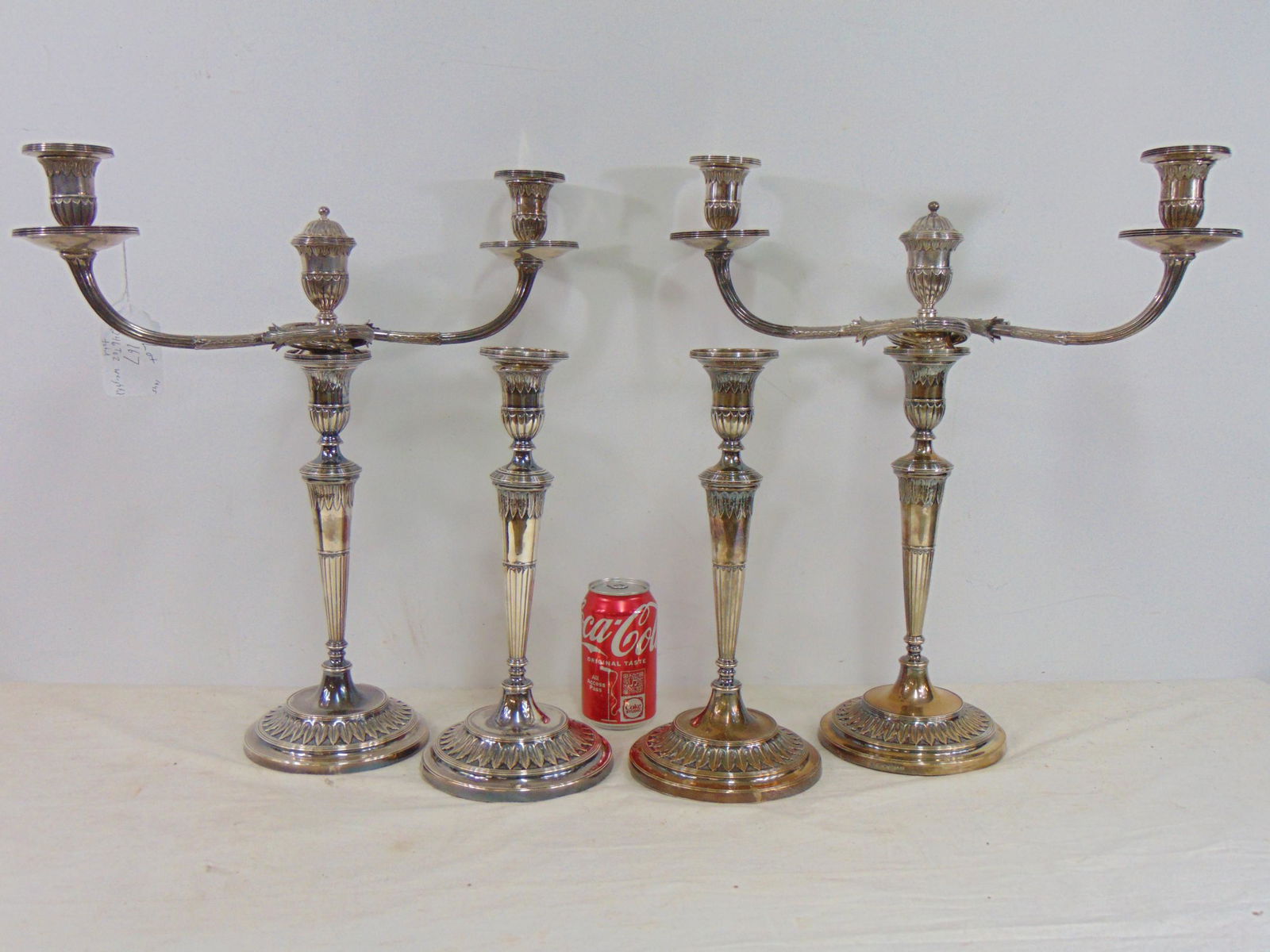 Set 4 London Silver Georgian candlesticks with two candelabra arms, circa 1790, maker "EF", date (1 of 12)