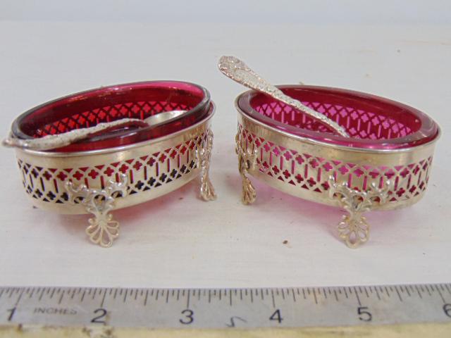 2 master salts, reticulated silver bowls with cranberry colored glass inserts, spoons, 2.7 troy (1 of 5)