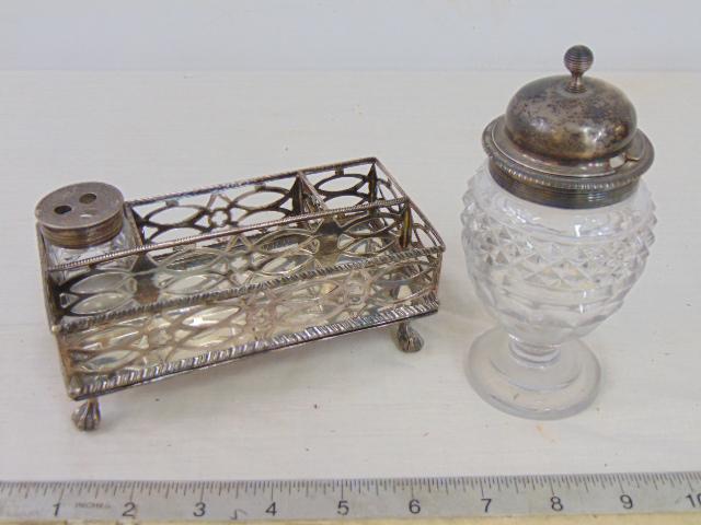 Georgian silver desk tray & silver lidded crystal footed bowl or jar (sugar ?), silver weight approx (1 of 5)