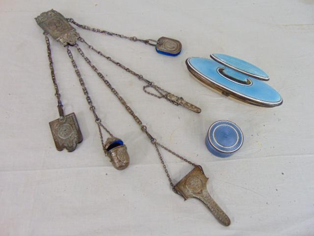 Chatelaine, enameled nail buffer & enameled silver pill box, chatelaine with various objects on (1 of 15)