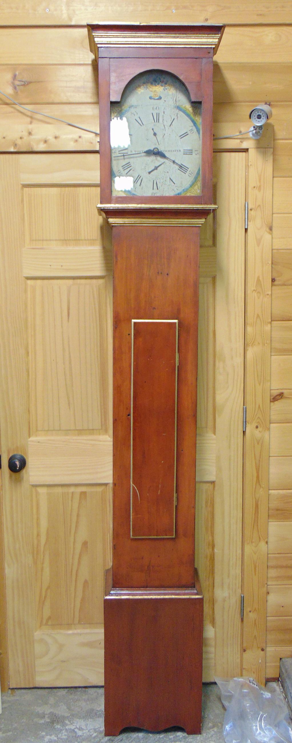 Antique tall case clock by R. Whiting, Winchester, wood works, cherry case, works as is, needs (1 of 12)