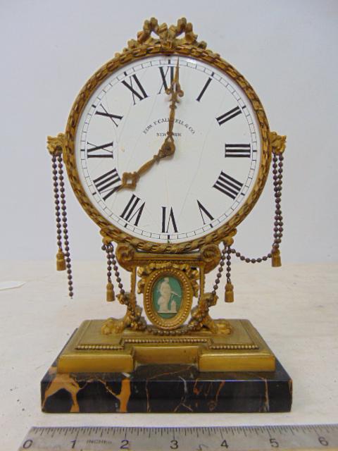 Bronze & marble mantle clock by Edw. F. Caldwell & Co, New York, porcelain dial has hairlines, has (1 of 4)