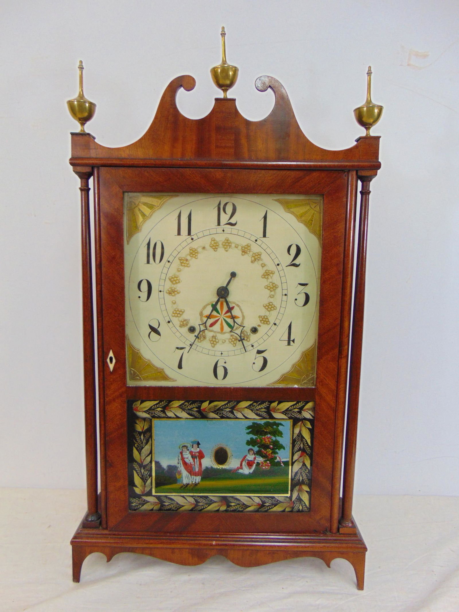 Pillar & scroll clock, Eglomise painted front panel with figures, mahogany case, old Seth Thomas (1 of 7)