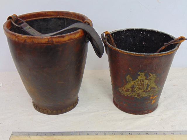 Two leather fire buckets, pails, 19th Century, 9.5" & 12" tall, smaller bucket is metal covered in (1 of 5)
