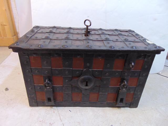 Antique strongbox, German, 18th Century, metal bands, with key, works, has two large handles, has (1 of 8)
