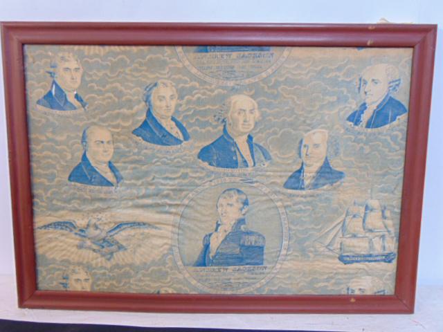 Andrew Jackson, printed on textile, Presidents of the United States, "Magnanimous in Peace,: Andrew Jackson, printed on textile, Presidents of the United States, "Magnanimous in Peace, Victorious in War, 1830's, 16" by 23.75"