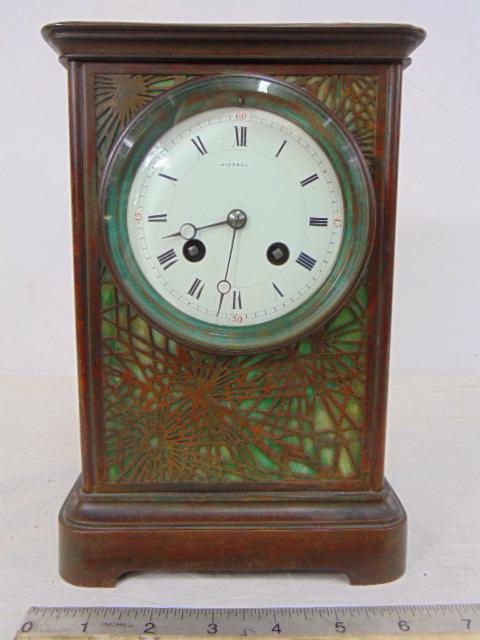 Tiffany Studios pine needle bronze & panel glass mantle clock, original works, clock is 6.5" by 5", (1 of 10)