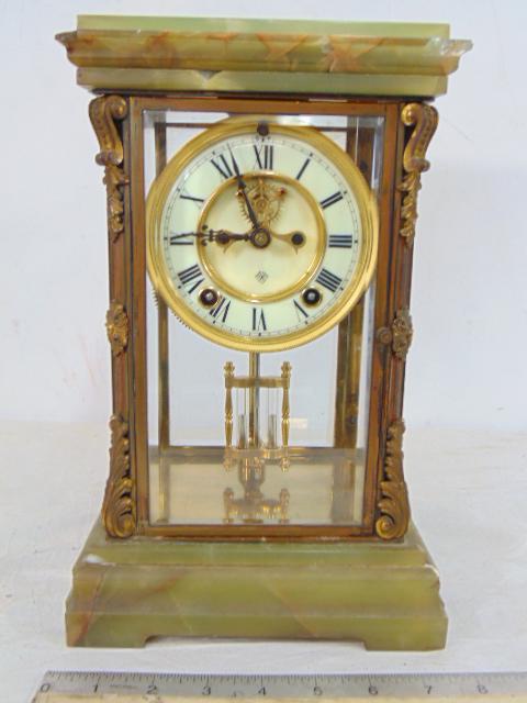 Green onyx & bronze crystal regulator, Ansonia, with faux mercury pendulum, case is 8" by 6.5", (1 of 8)