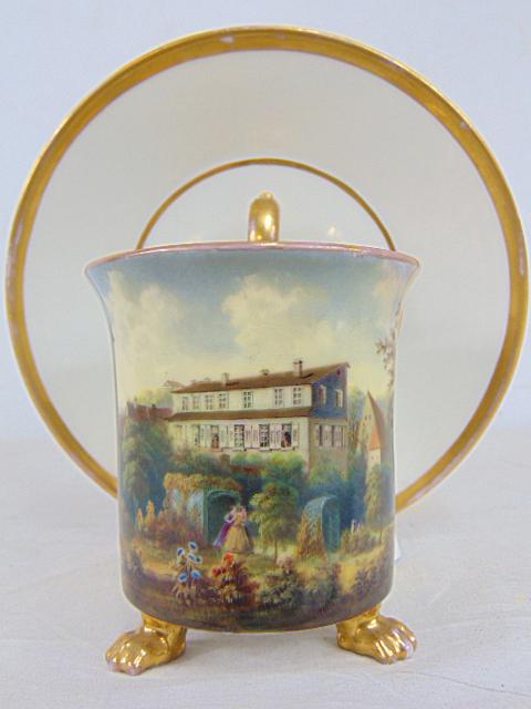 Early KPM porcelain cup & saucer, hand painted scene with country estate & figures, 3 legged cup (1 of 11)