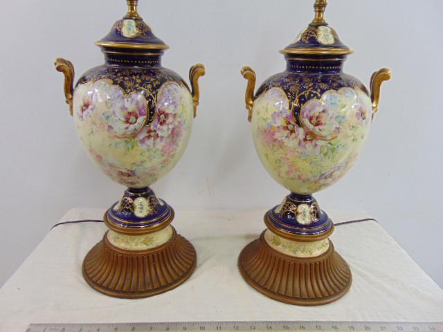 Pair large floral decorated porcelain & wood table lamps, with gilt & cobalt blue decoration, each (1 of 5)