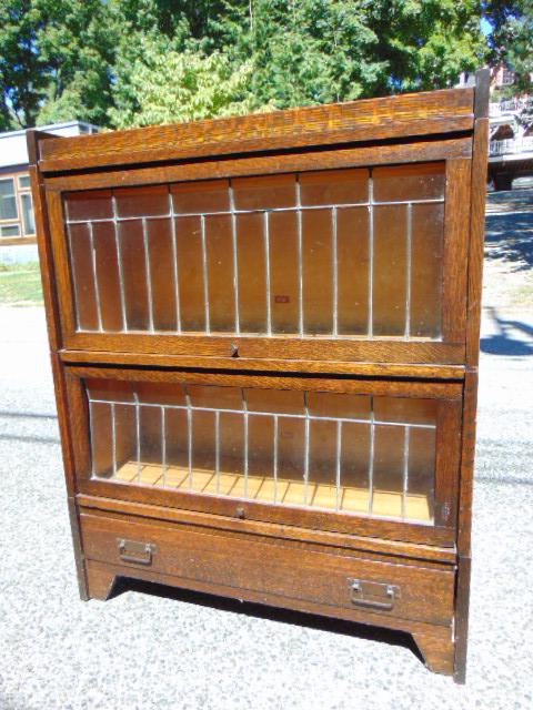 Weis oak stack arts & crafts bookcase, 2 stacks with leaded glass doors, glass is loose, needs (1 of 4)