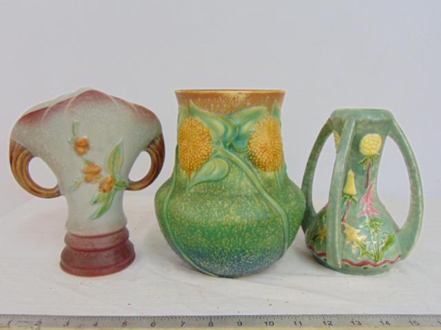 Art pottery, Roseville sunflower & Weller vase, 4 handled Amphora vase with leaf decoration, 7.25", (1 of 6)