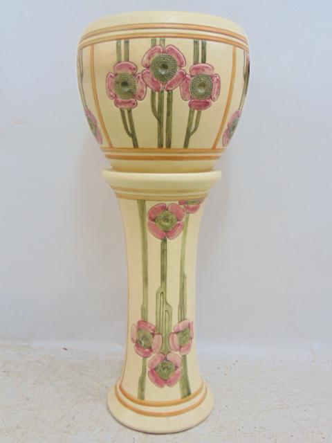 Weller jardiniere & pedestal, "Flemish Grazing", floral decorated, mold marks visible, planter is (1 of 10)