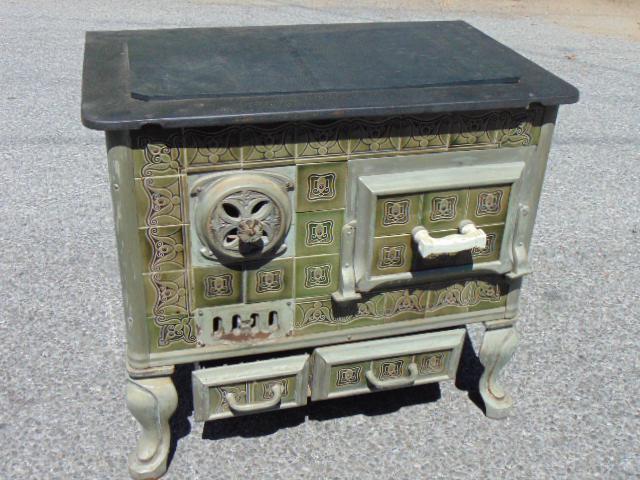 Belgian tile covered parlor stove / cabinet, repurposed, slate top, two small drawers in base, green (1 of 5)