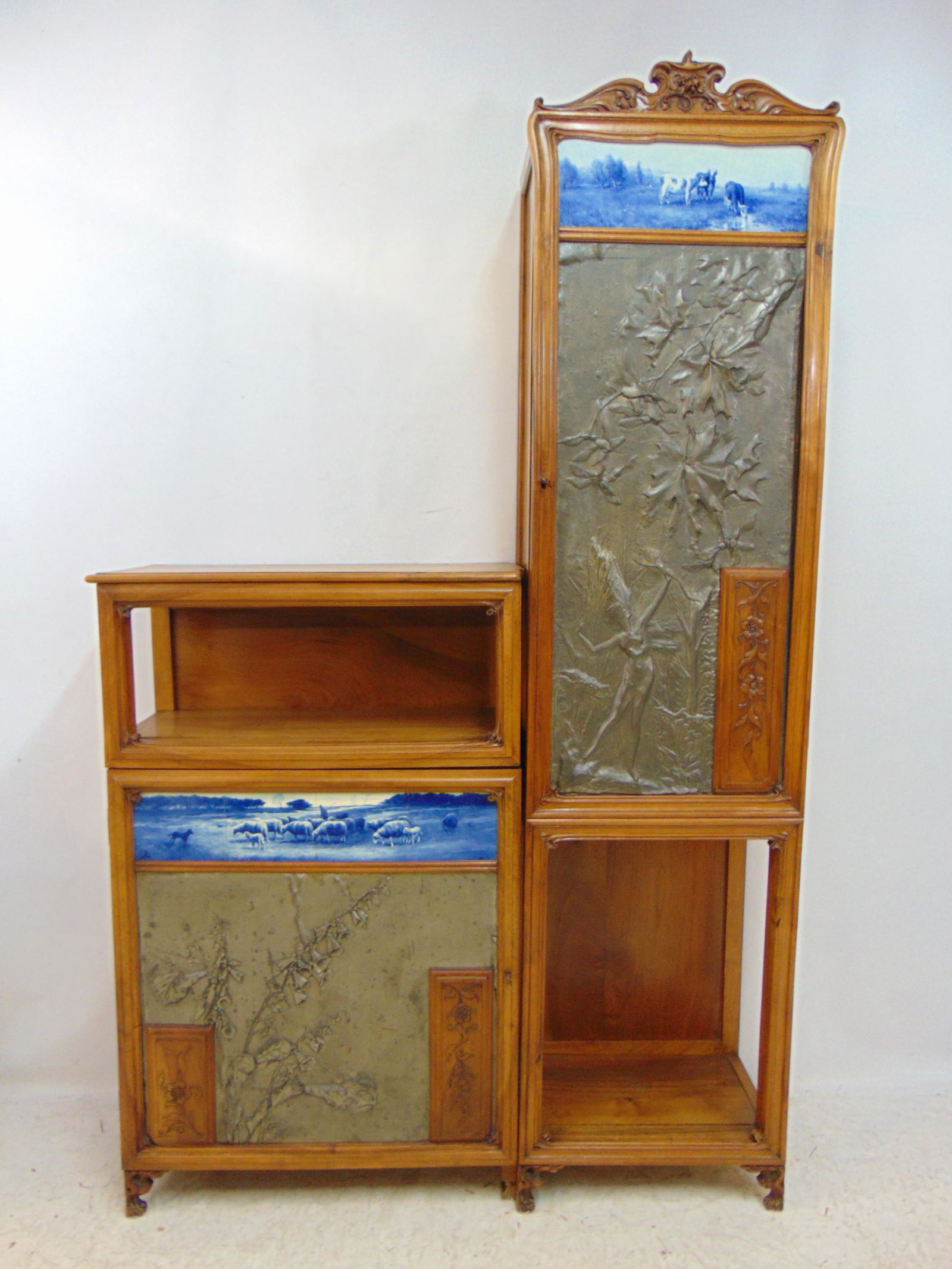 Dutch art nouveau cabinet, pewter, Delft tile, in "de Stijl", with French exposition label from (1 of 19)