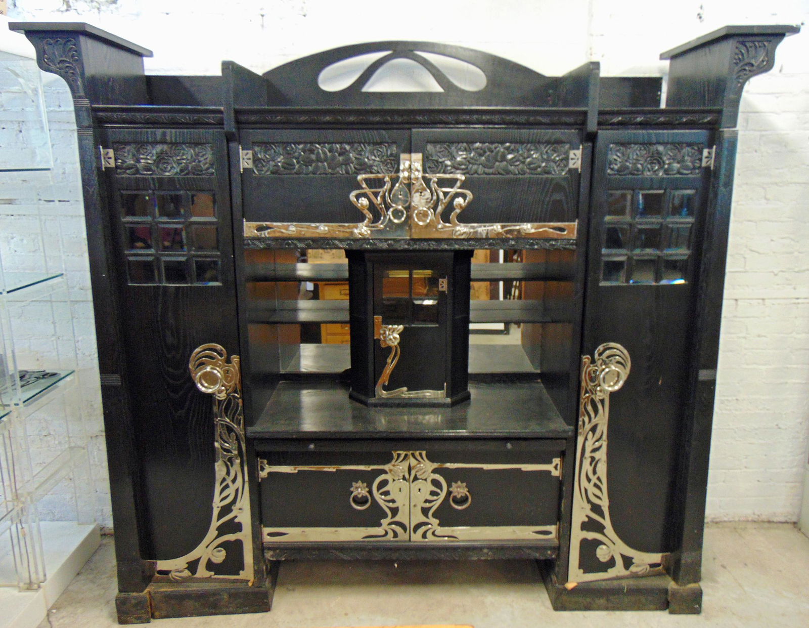 Monumental art nouveau wall cabinet, ebonized wood, period, restored (1 of 11)