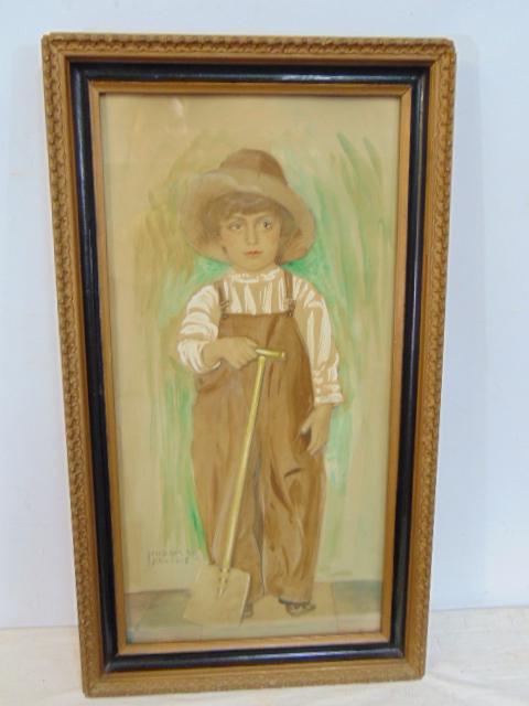 Painting, portrait boy, Frederick A. Dirnfeld, watercolor on paper, boy with shovel, 23" by 11.5": Painting, portrait boy, Frederick A. Dirnfeld, watercolor on paper, boy with shovel, 23" by 11.5"