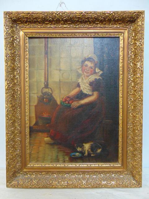 Painting, Dutch girl with kitten, signed Richard (?), Young Dutch girl seated by fireplace, with (1 of 6)