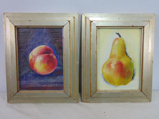 Pair paintings, still-life fruit, by Agna Enters, pear & peach, paintings are unsigned, attribution (1 of 4)