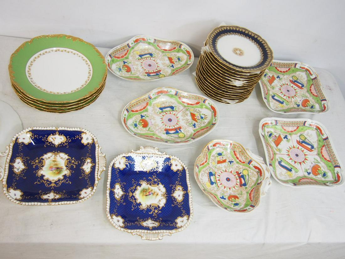 Lot of porcelain, China plates, Haviland, Coalport, includes 6 green rimmed plates with gilt accents (1 of 6)