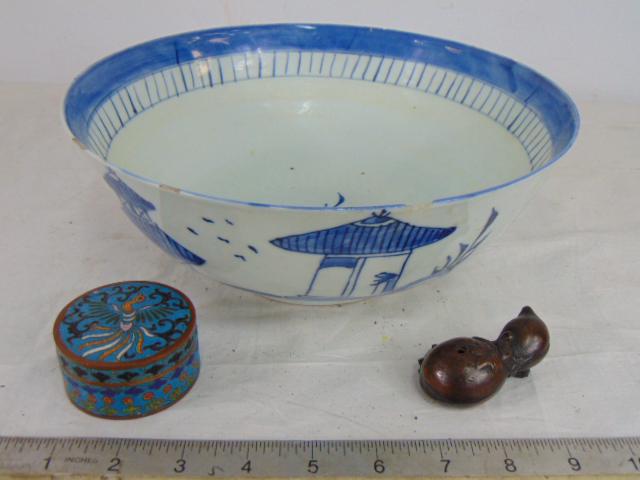 Chinese Blue & white bowl, cloisonne box & small bronze , bowl is 10" in diameter, height is 4", has (1 of 7)